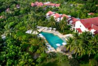 Jetwing Saman Villas Stunning aerial shot of a resort with swimming pool and lush palm trees for a tropical getaway.